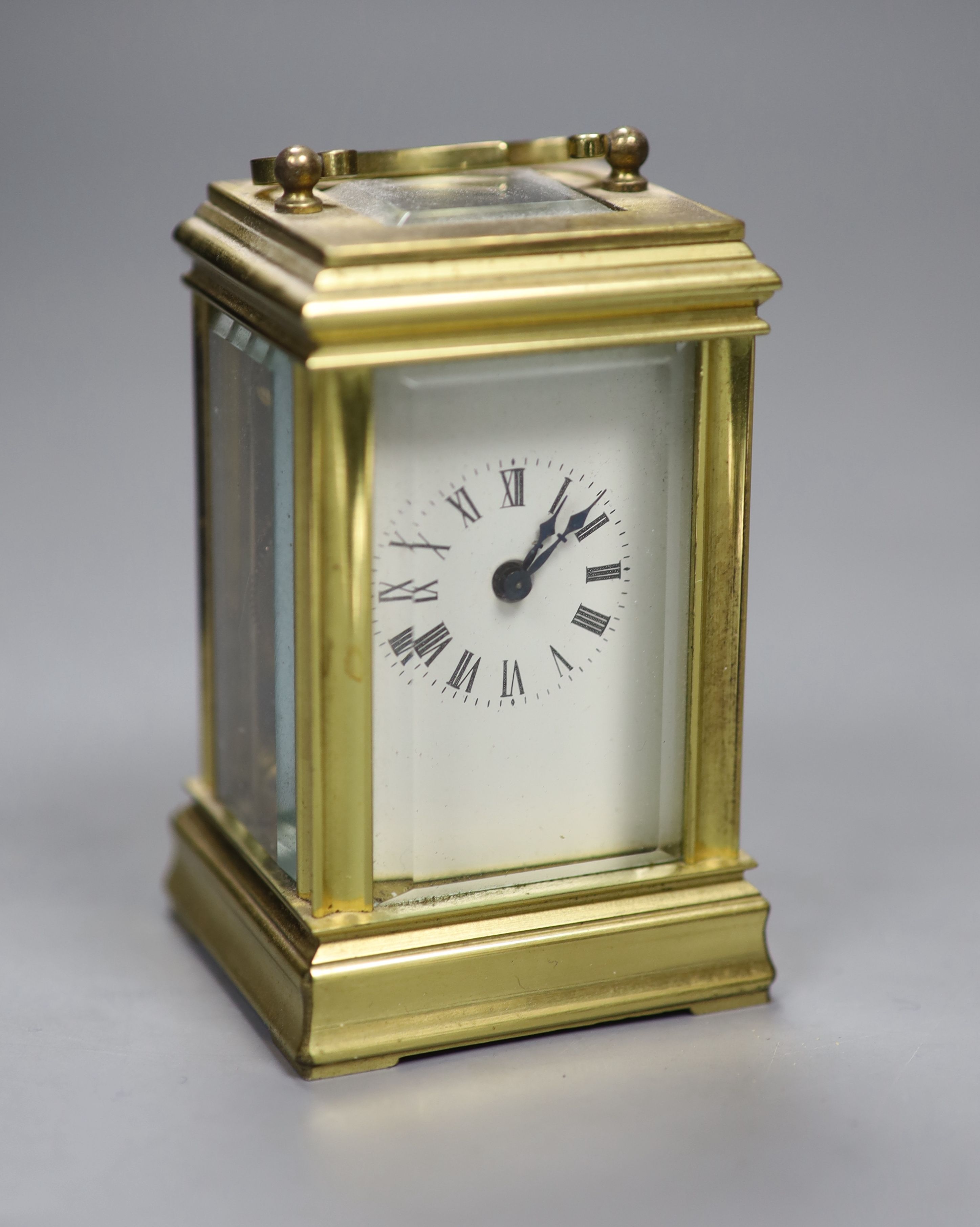 A late 19th century French brass cased eight day carriage timepiece, height 9cm